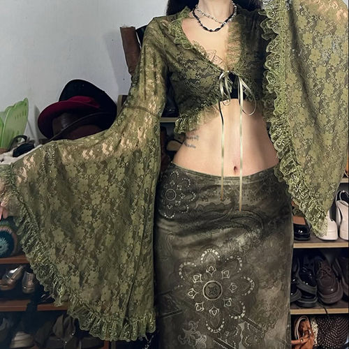 森系蕾丝提花微透系带开襟罩衫