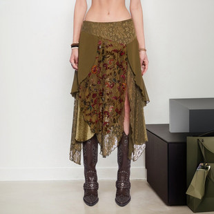 ROCKMORE 复古vintage印花蕾丝拼接半身裙不规则长裙 古着旅人