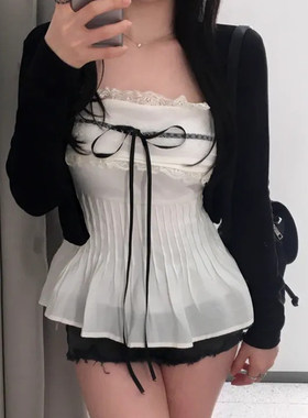 ROCKMORE【韩女穿搭】纯欲性感蕾丝边抹胸上衣少女蝴蝶结白色背心