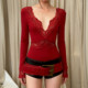 性感纯欲 红色深V领蕾丝拼接长袖 T恤女修身 ROCKMORE 打底衫 上衣