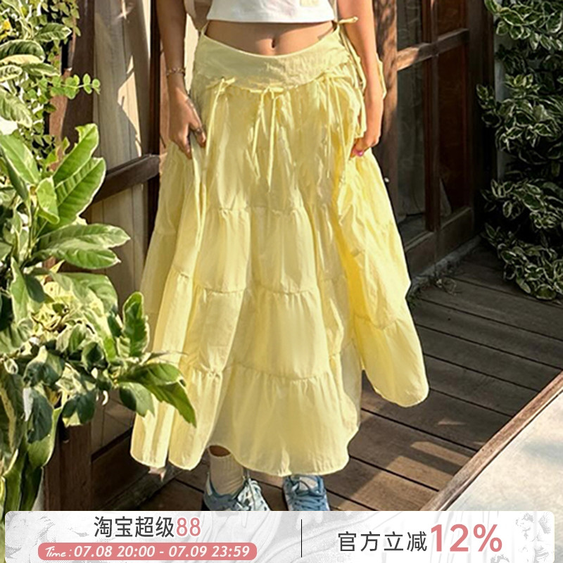 蝴蝶結腰頭設計黃色半身裙