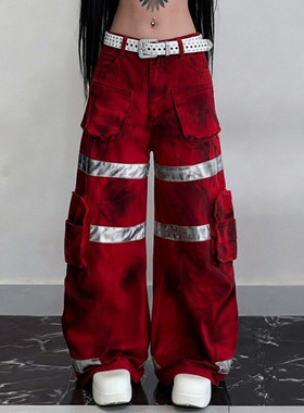 ROCKMORE【美式工装风】红色多口袋反光条休闲裤女消防风重工长裤