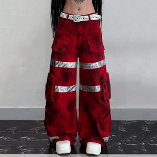美式 女消防风重工长裤 工装 红色多口袋反光条休闲裤 风 ROCKMORE