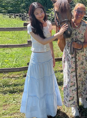 ROCKMORE【Jennie同款】南法度假风蓝色半身裙少女修身百搭中长裙