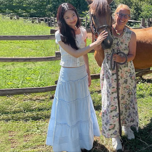 百搭中长裙 南法度假风蓝色半身裙少女修身 ROCKMORE Jennie同款