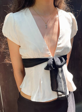 ROCKMORE【韩系甜美】系带蝴蝶结V领泡泡袖收腰衬衫白色修身T恤夏