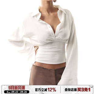 ROCKMORE 通勤風白色收腰排扣長袖 襯衫 性感氣質上衣女 高智辣妹