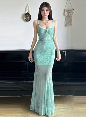 ROCKMORE【薄荷曼波】清新绿色系网纱印花吊带鱼尾长裙纯欲连衣裙