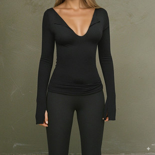 ROCKMORE【美式基础】性感V领微薄微透长袖修身T恤内搭显瘦打底衫