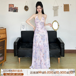 花房心事 ROCKMORE 海边度假风清新小碎花连衣裙紫色挂脖吊带裙