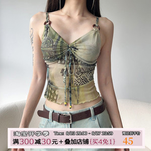 ROCKMORE【森林秘境】绿色复古网纱印花系带背心褶皱胸型百搭吊带