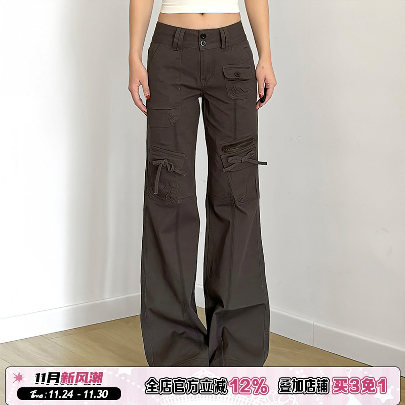 美式拉链口袋灰色低腰工装裤