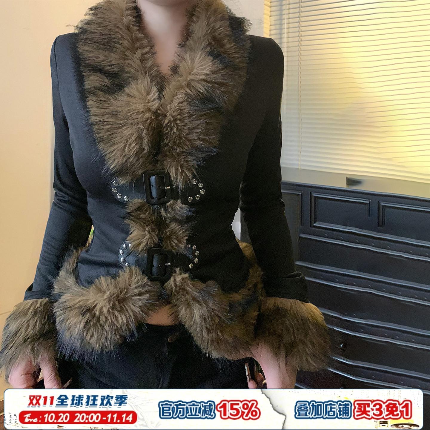 ROCKMORE【千禧辣妹】复古毛领拼接皮扣收腰夹克轻亚风开衫外套潮