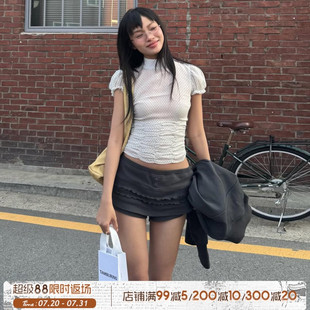 ROCKMORE 褶皱收腰短上衣 韩系街头 白色波点网纱拼接小高领T恤