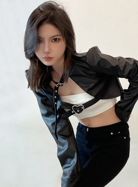 ROCKMORE朋克辣妹金属扣镂空性感PU皮衣潮黑色百搭时尚短上衣外套