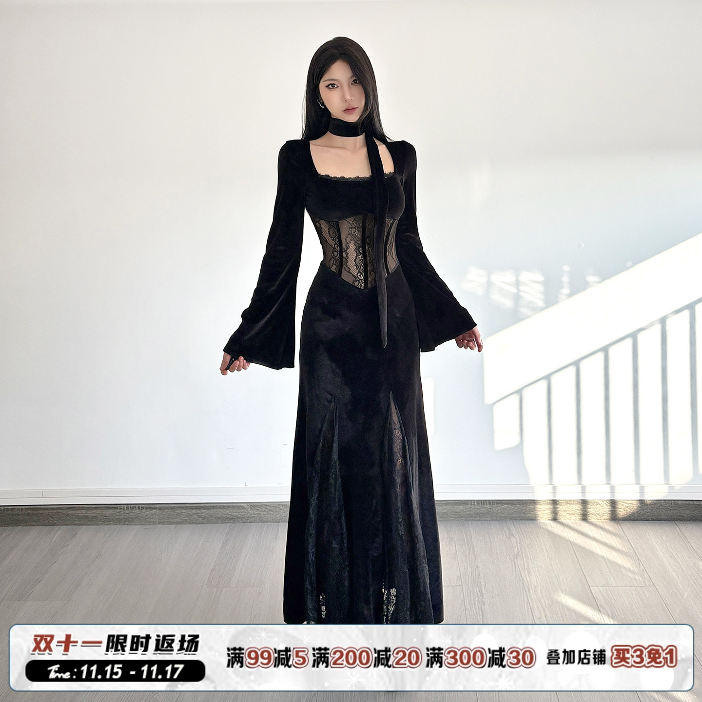 蕾丝拼接方领长袖连衣裙