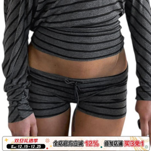 包臀热裤 ROCKMORE 系带修身 性感低腰灰色条纹针织短裤 欧美辣妹