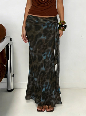 ROCKMORE【艺术系】绿色豹纹印花网纱半身裙女气质垂感鱼尾裙长裙