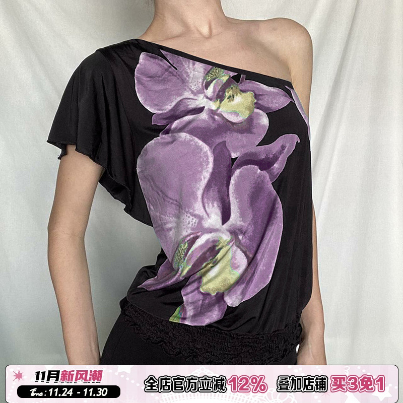 韵味紫色花卉印花斜肩短袖T恤