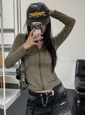 ROCKMORE【美式复古】绿色轻薄针织口袋工装外套帅气休闲连帽卫衣