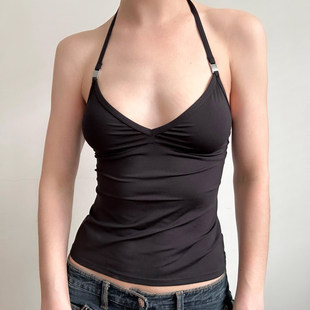 饰露背挂脖吊带 黑色V领金属装 低胸显瘦背心 基础辣妹 ROCKMORE