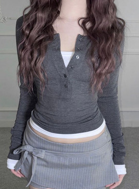ROCKMORE【简约休闲】灰色排扣假两件拼接长袖T恤 半开襟针织上衣