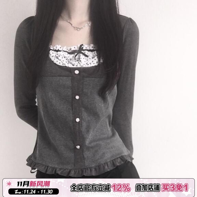 日系法式波点拼接假两件长袖T恤