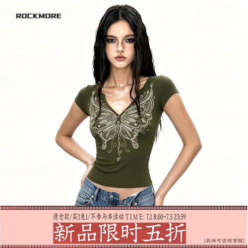 千禧古早蝴蝶印花V领短袖T恤女