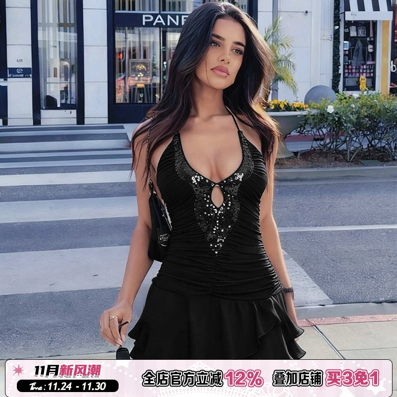 黑色挂脖镂空亮片拼接连衣裙女