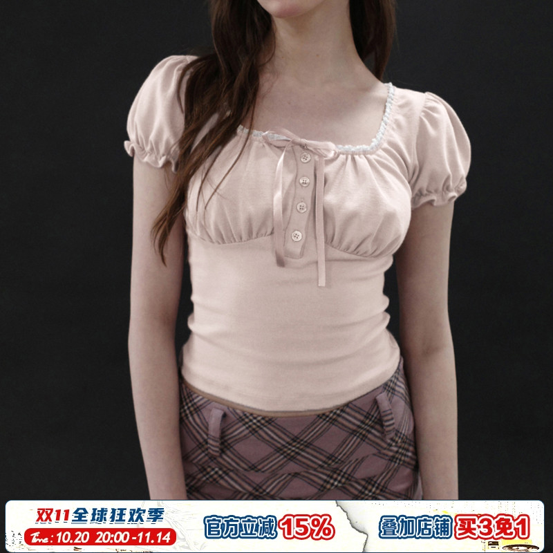 粉色花边方领排扣泡泡短袖T恤