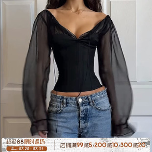ROCKMORE 上衣V领低胸辣妹网纱T恤 禁欲性感 黑色轻薄透视宫廷袖