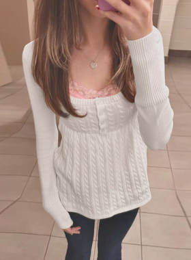 ROCKMORE【法式纯欲】白色方领A摆娃娃针织衫麻花排扣长袖上衣女