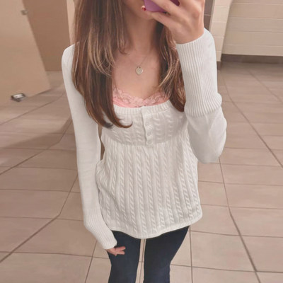 ROCKMORE【法式纯欲】白色方领A摆娃娃针织衫麻花排扣长袖上衣女