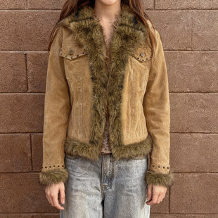 外套 卡其色毛毛拼接翻领夹克上衣设计感短款 ROCKMORE 涉谷少女