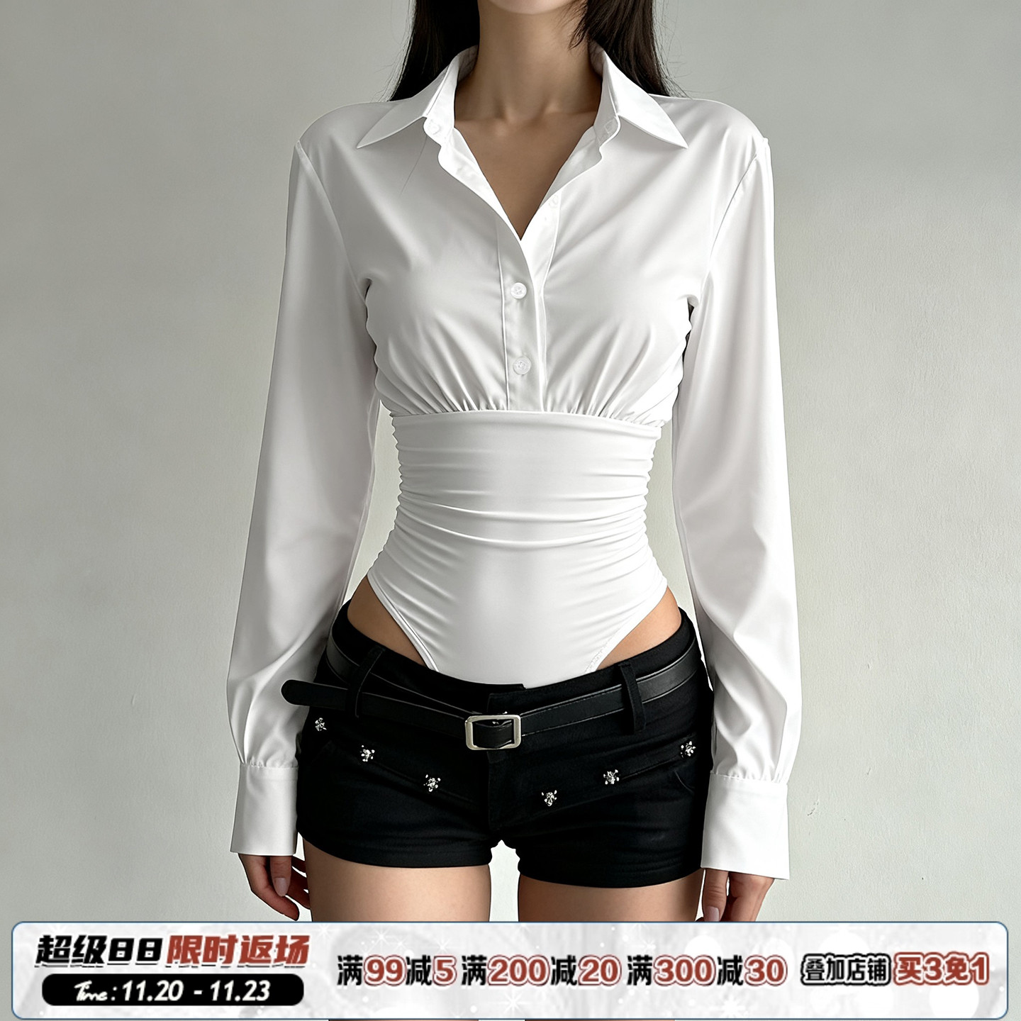 ROCKMORE【简约美式】白色褶皱收腰POLO领长袖连体衣性感修身衬衫