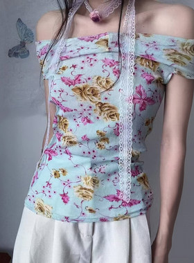 ROCKMORE【气质中古】蓝色法式碎花纯欲一字肩上衣度假风短袖T恤