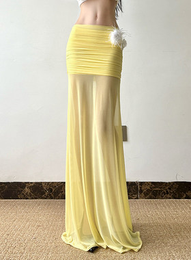 ROCKMORE【海边度假风】黄色褶皱包臀网纱半裙性感飘逸开叉中长裙