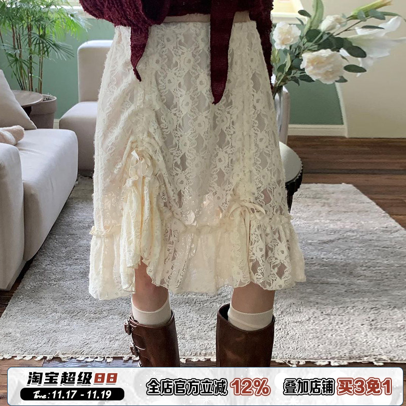 梦幻法式复古蕾丝抽绳半身裙
