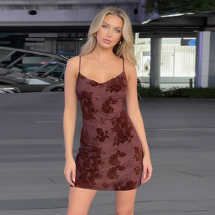 ROCKMORE 设计感花卉网纱拼接吊带连衣裙女棕色包臀裙 古早辣妹