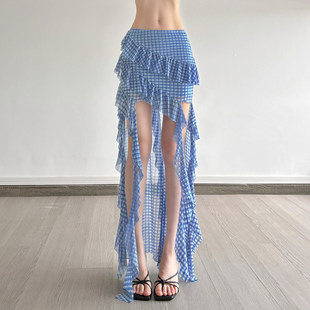 蓝色格纹不规则网纱半裙荷叶边下摆开叉短裙 辣妹 ROCKMORE 美式