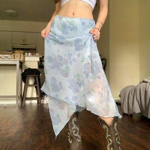 ROCKMORE 南法浪漫印花蓝调网纱半裙纯欲不规则度假裙 那不勒斯