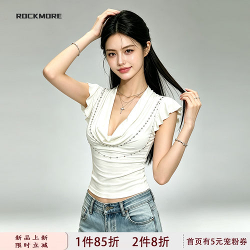 纯欲白色荡领链条小飞袖上衣