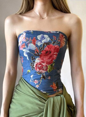 ROCKMORE【现代中国风】复古花卉印花蓝色抹胸修身性感气质背心女