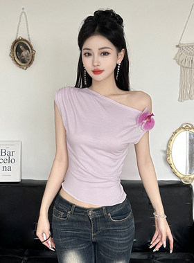 ROCKMORE【热带岛屿】度假风立体花露肩褶皱上衣辣妹紫色性感背心