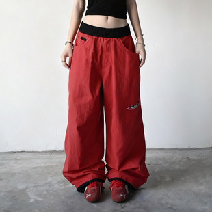 宽松阔腿裤 复古红色腰头拼接垂感跳舞休闲裤 高街潮酷 ROCKMORE