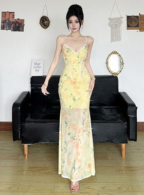 ROCKMORE【田园度假风】法式碎花黄色吊带鱼尾长裙鱼骨束腰连衣裙