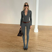 ROCKMORE 两件套 高腰紧身连袜长裤 秋冬时髦 高级灰翻领针织T恤