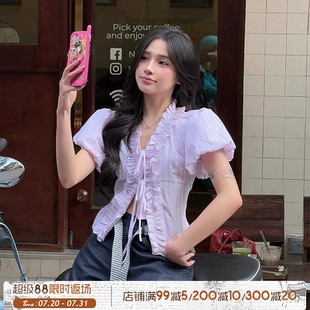 小众性感短袖 ROCKMORE 系带衬衫 甜美少女 上衣 浅粉色条纹泡泡袖