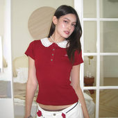 韩系辣妹 红色娃娃领纽扣半开襟短袖 T恤 ROCKMORE 小众百搭衬衫