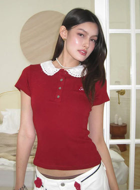 ROCKMORE【韩系辣妹】红色娃娃领纽扣半开襟短袖T恤 小众百搭衬衫